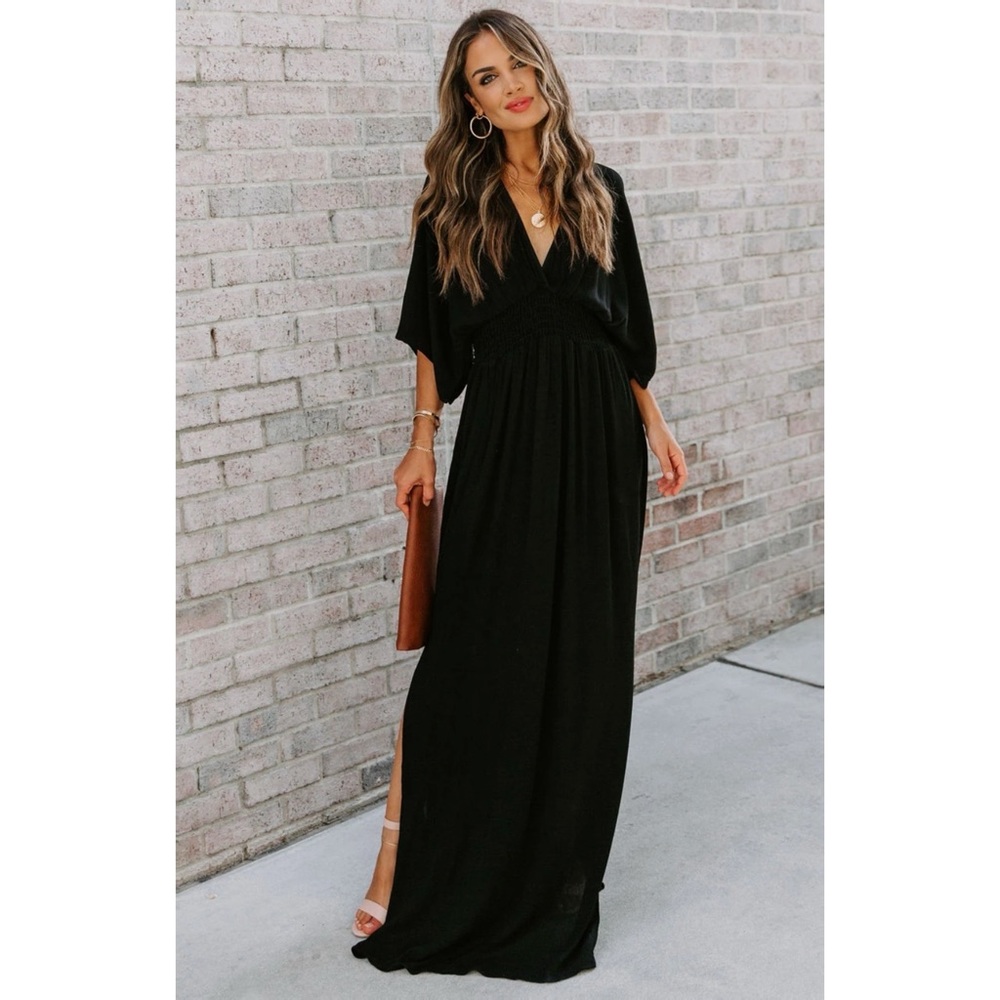 Kimona smocked kimono maxi dress - black